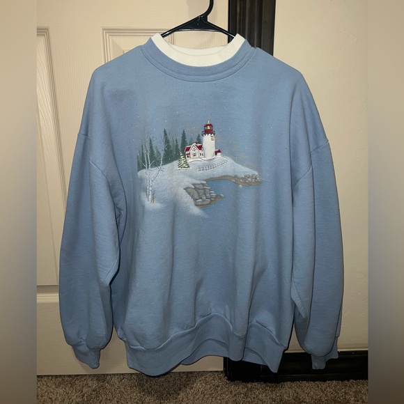 Top Stitch Sweaters - Vintage Xmas Sweater/ Top Stitch by Morning Sun Blue Lighthouse Winter Scene XL